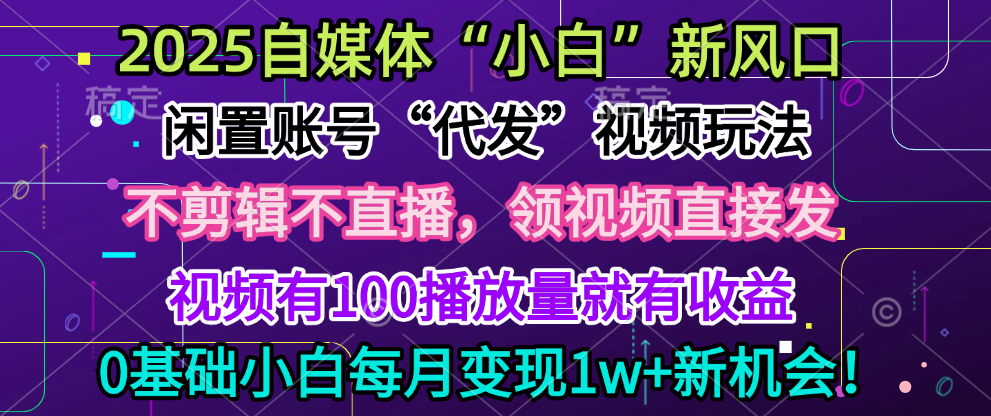 2025每月躺赚5w+新机会,闲置视频账号一键代发玩法,0粉不实名不剪辑,领了视频直接发,0基础小白也能日入300+