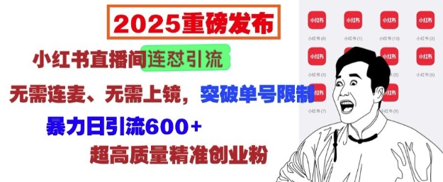 2025重磅发布:小红书直播间连怼引流,无需连麦、无需上镜,突破单号限制,暴力日引流600+