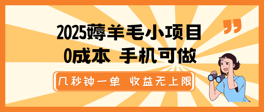 2025薅羊毛小项目,0成本 手机可做,几秒钟一单,收益无上限