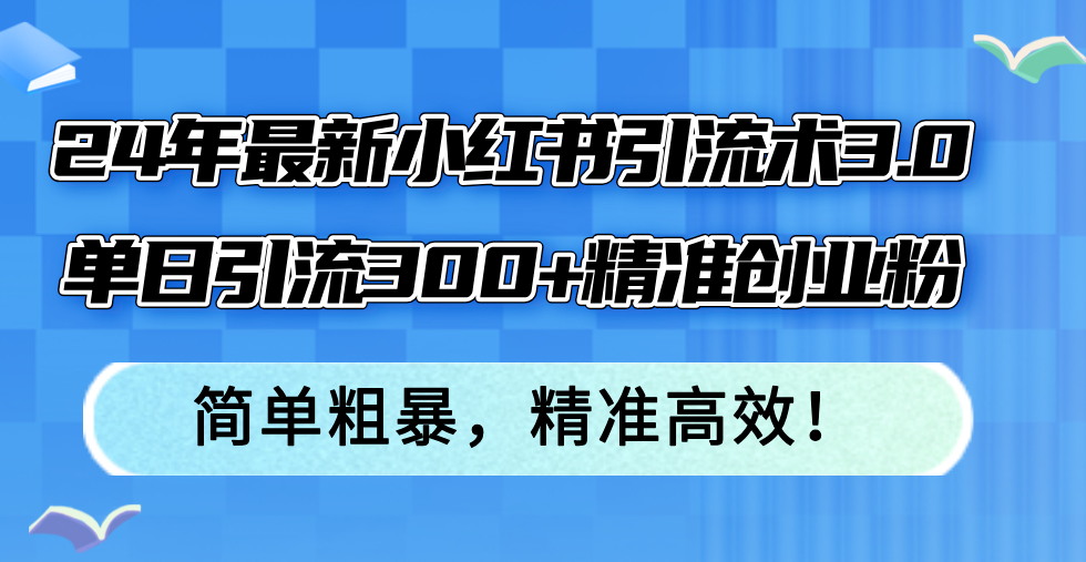 24年最新小红书引流术3.0,单日引流300+精准创业粉,简单粗暴,精准高效!