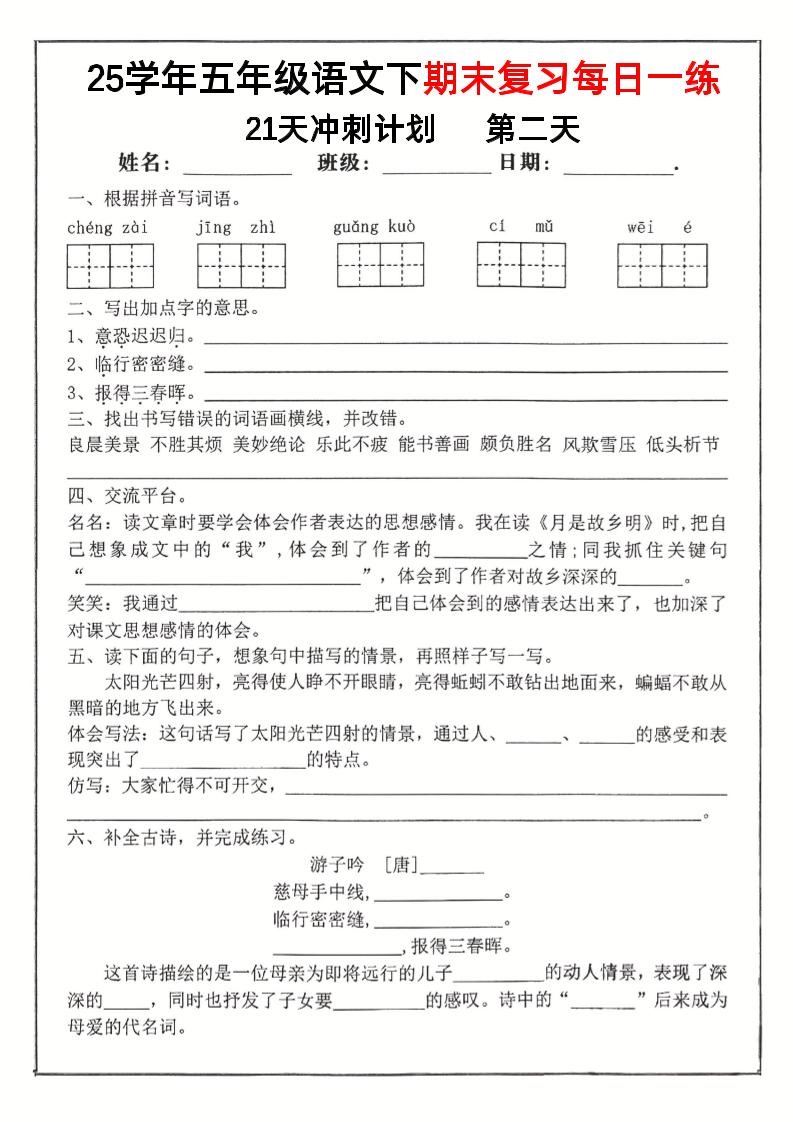 五下语文期末复习每日一练冲刺21天计划21页