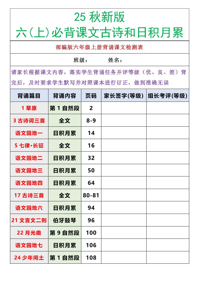【2025秋新版】六年级语文上册必背课文内容古诗和日积月累
