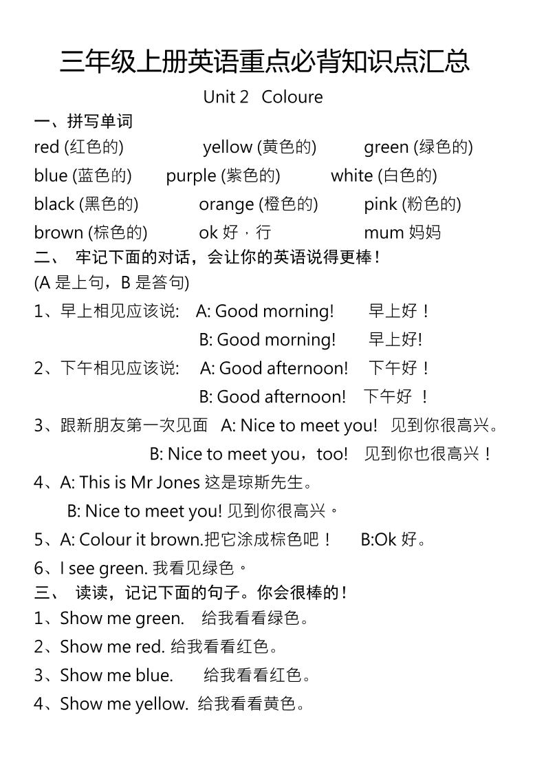 三年级上册英语重点必背知识点汇总