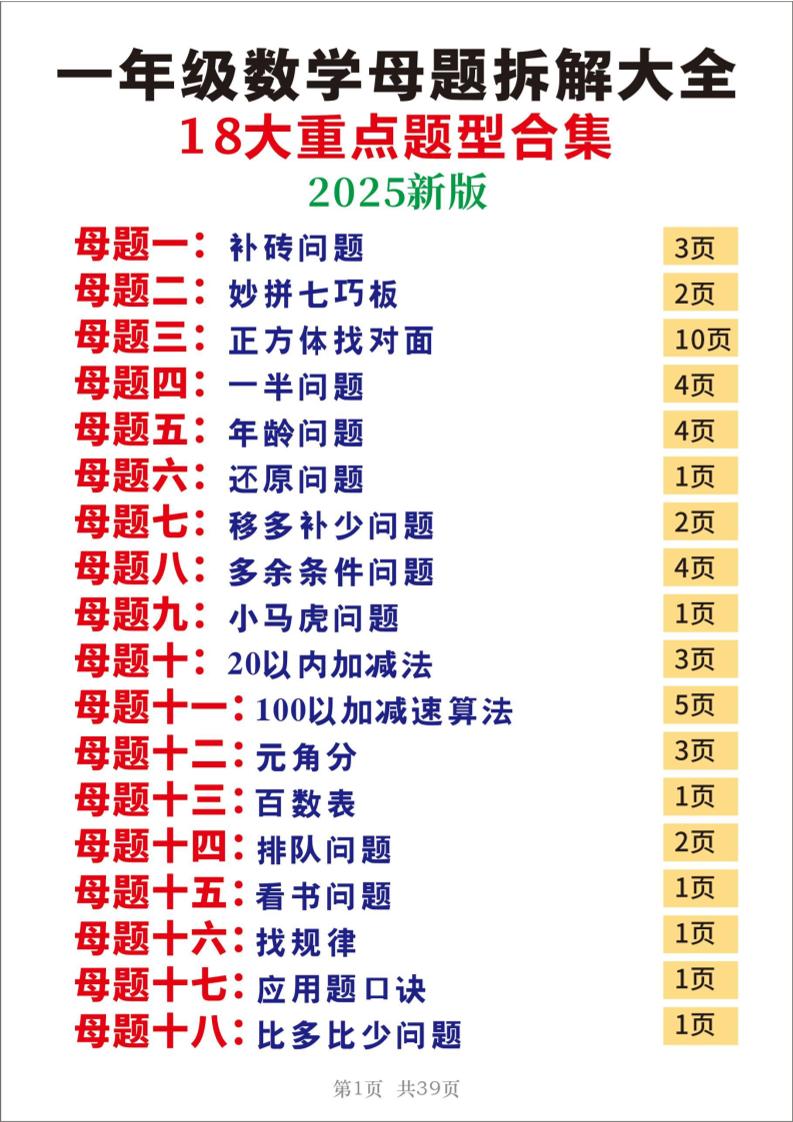 25一年级下册数学十八大母题重点题型39页