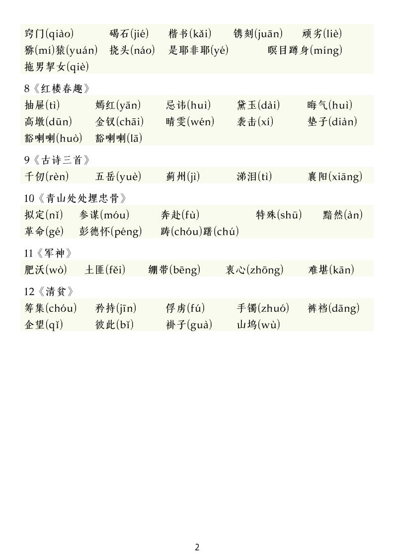 五下语文期中复习八大专题