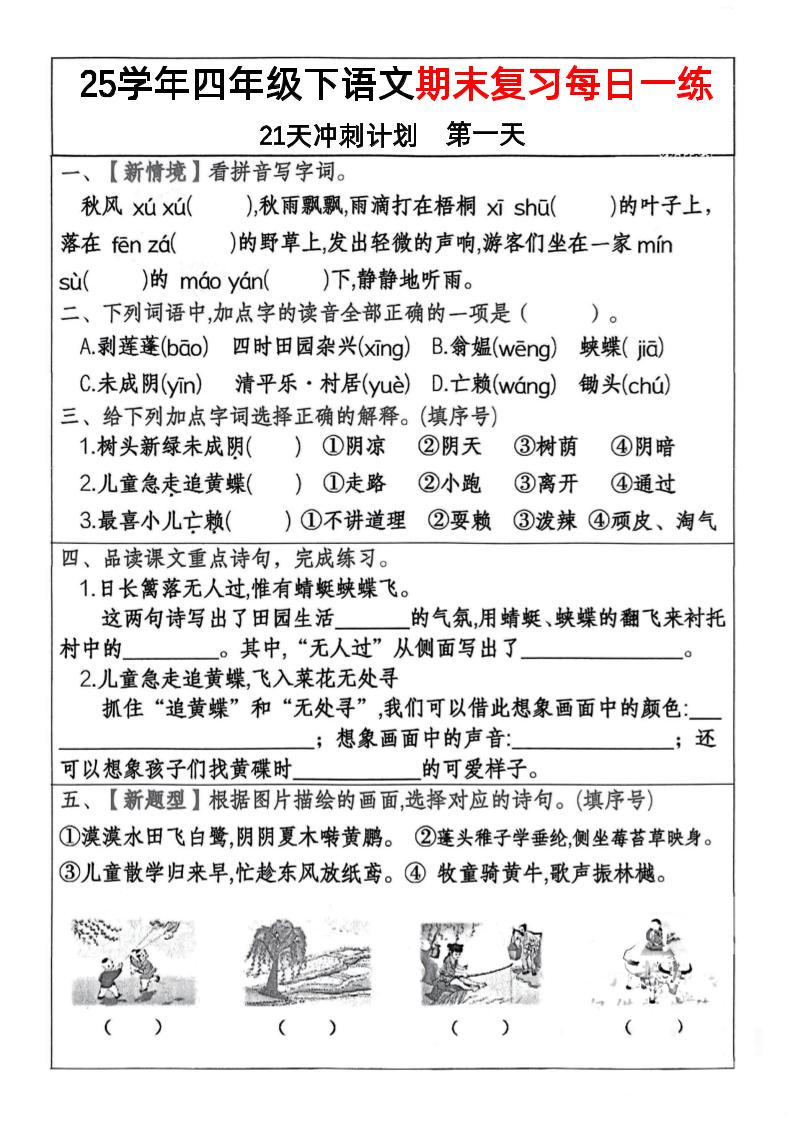 四下语文期末复习每日一练冲刺21天计划21页