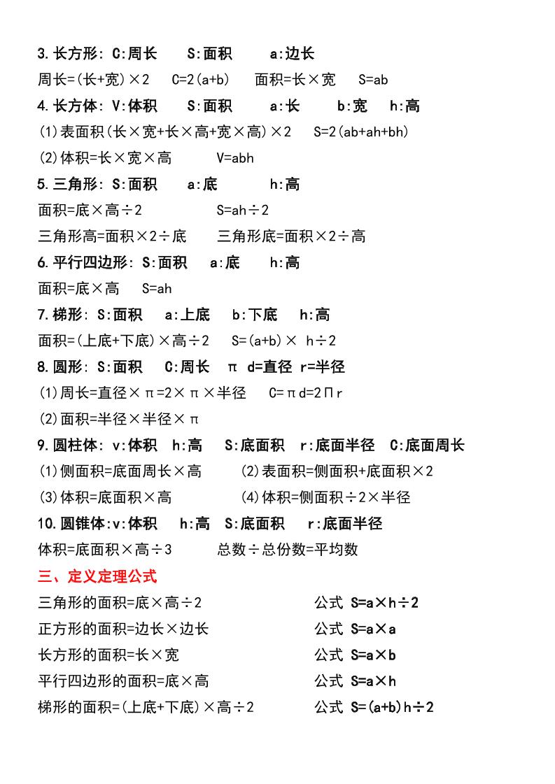 五年级下册数学必背公式大全(期中常考)