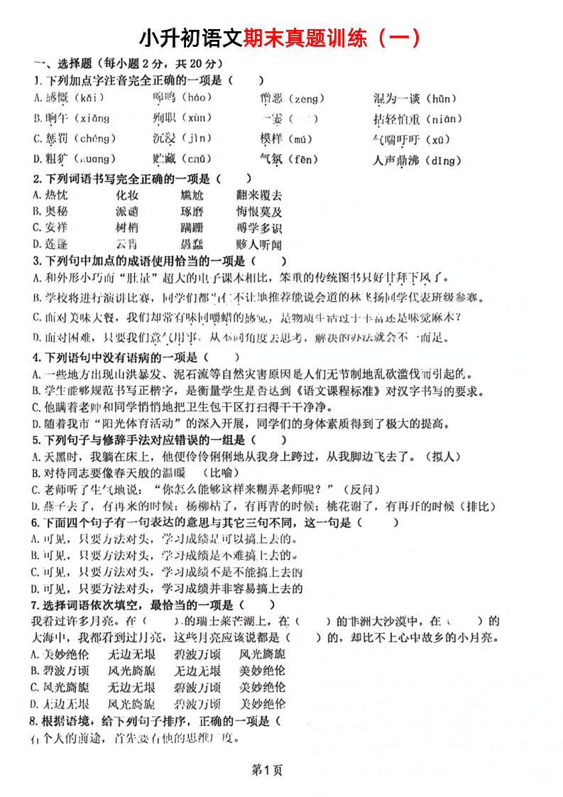 《小升初语文期末真题训练》