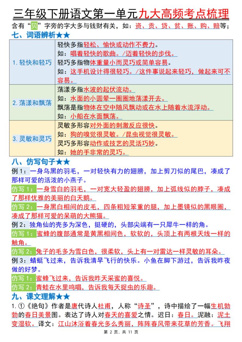 三下语文期中复习1-4单元高频考点梳理（11页）