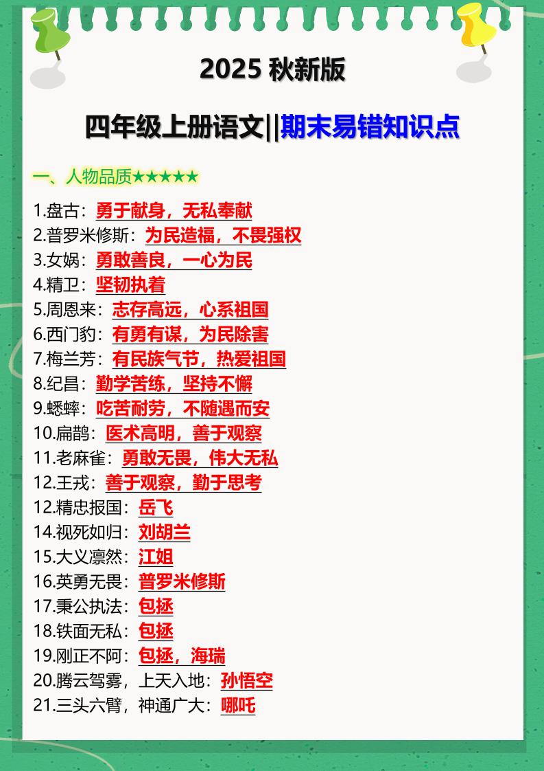 【2025秋新版】四年级上册语文‖期末易错知识点