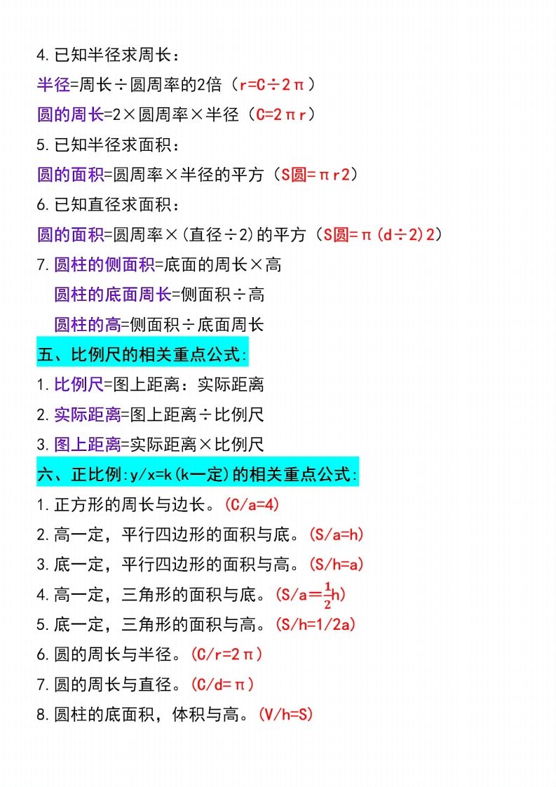 六下数学必背重点公式汇总