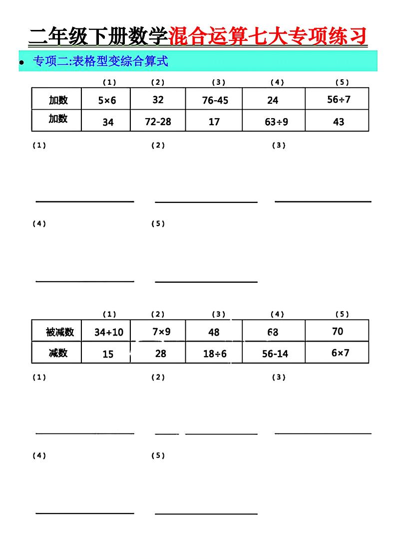 二年级下册数学混合运算七大专项练习