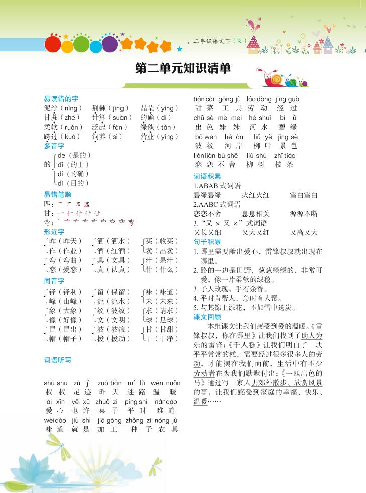 【第2单元】二下语文知识总结+单元测试