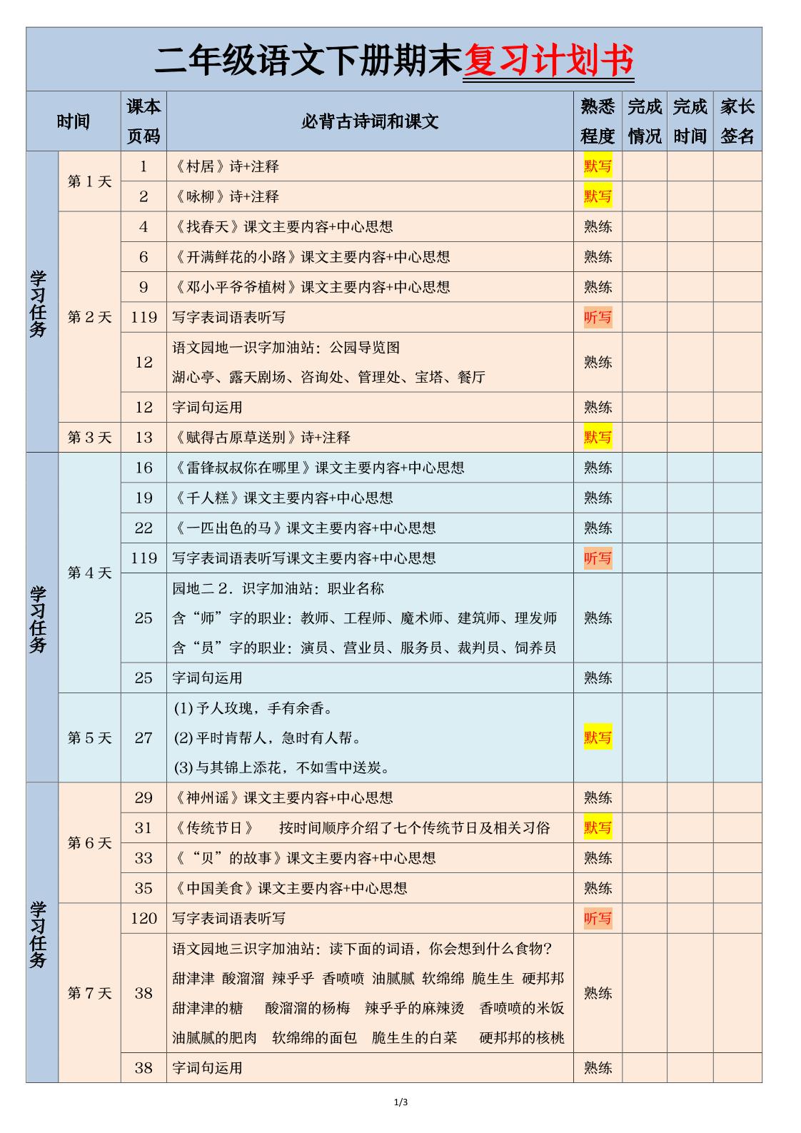二下语文【期末三轮复习法闯关表】（3页）
