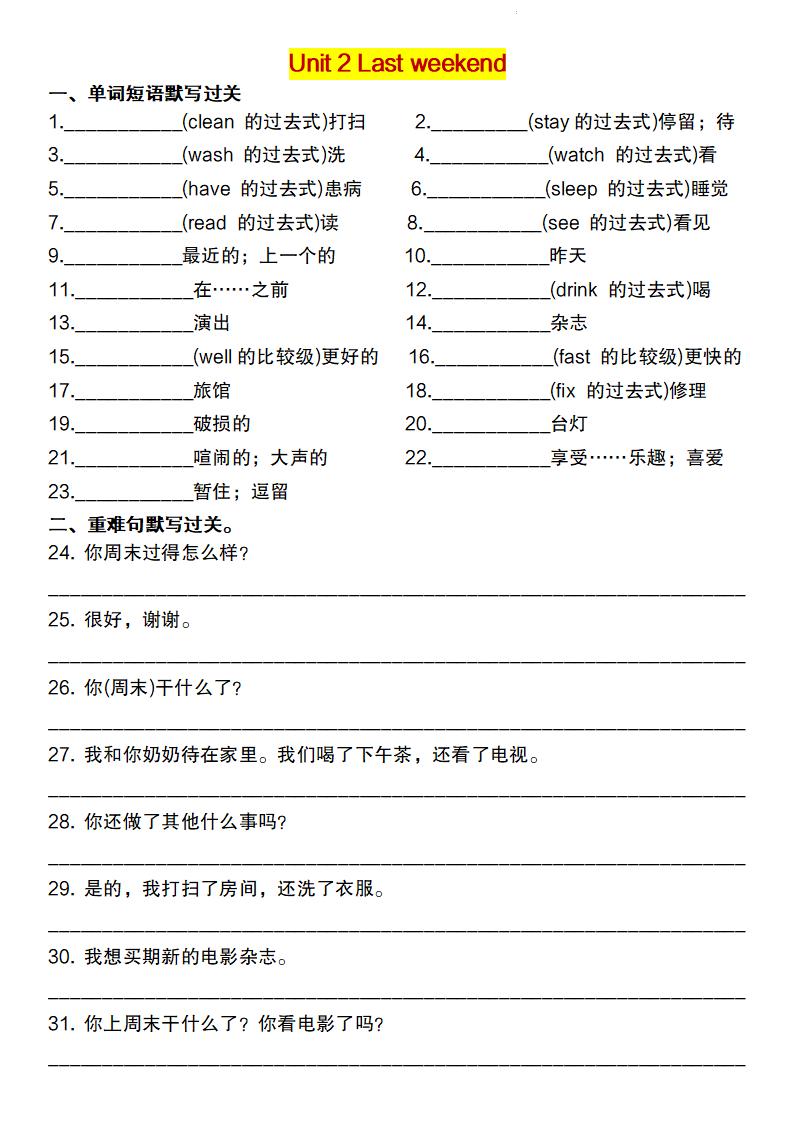 【英语】【人教pep版】2025春六下英语重点词句默写闯关单