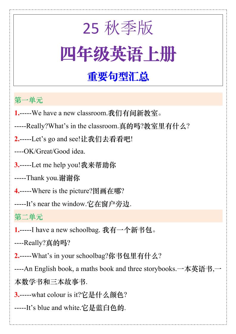 【2025秋新版】四年级英语上册重要句型汇总