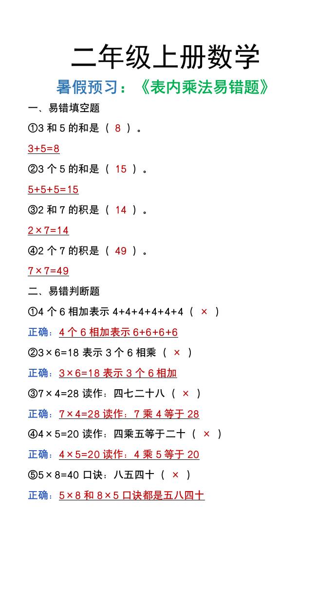 二年级上册数学暑假预习《表内乘法易错题》