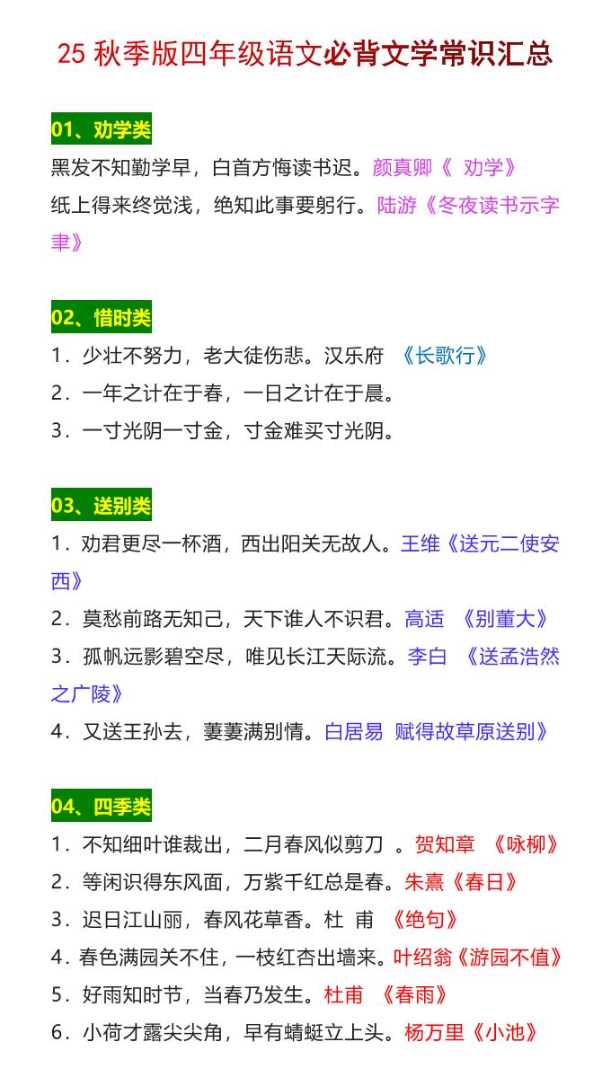 【2025秋新版】四年级语文上册必背文学常识汇总