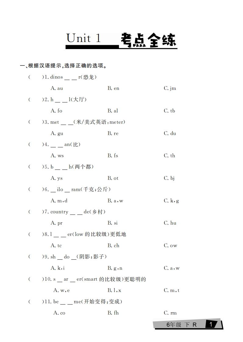 六下英语复习《考点全练》人教PEP版