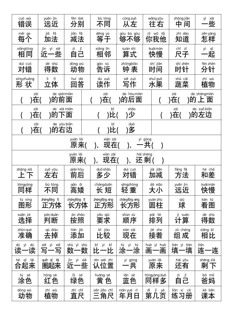 幼小衔接数学常用字词认读