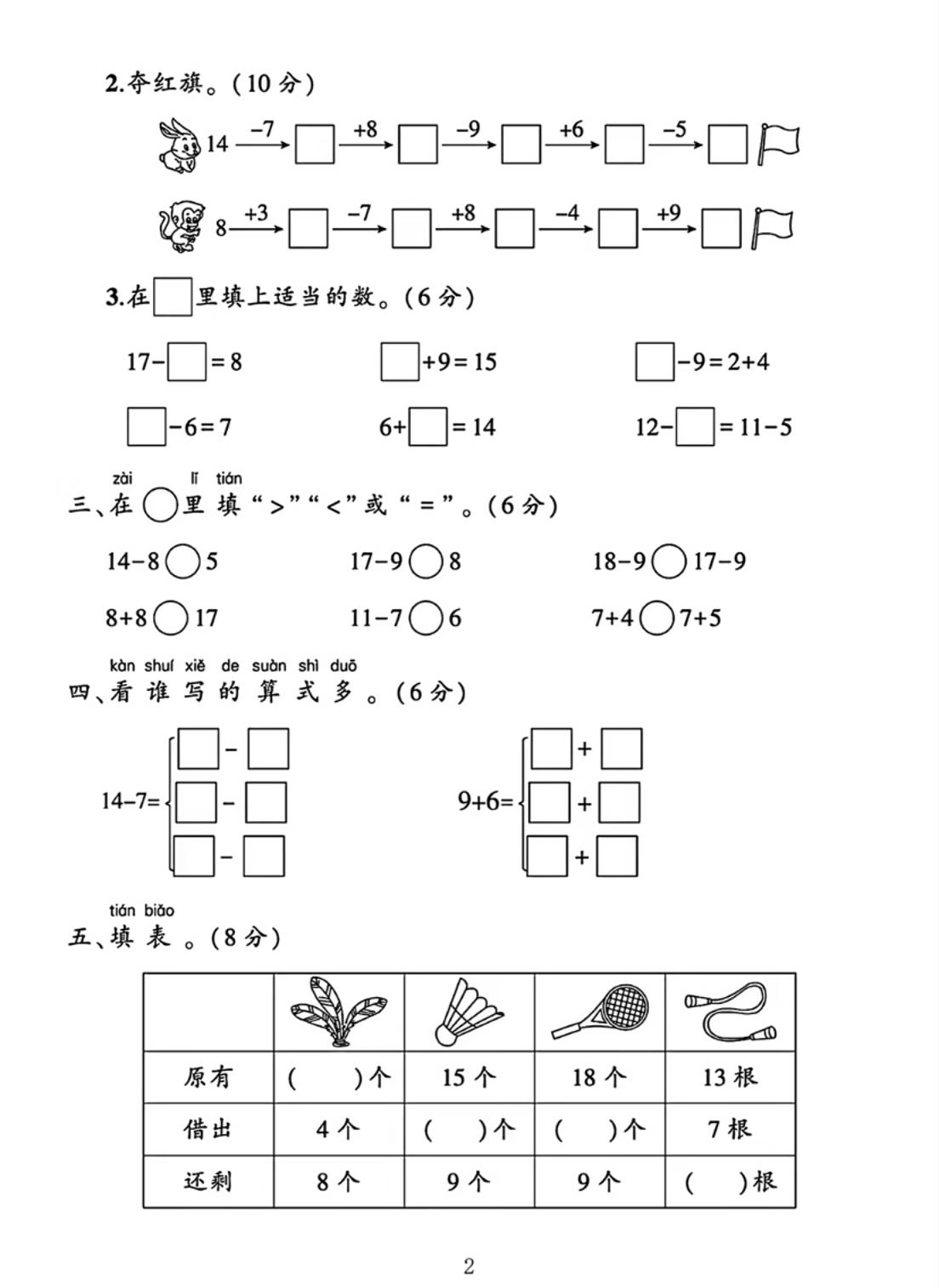 25春一下苏教版数学第一单元《进位加法和退位减法》测试卷4页