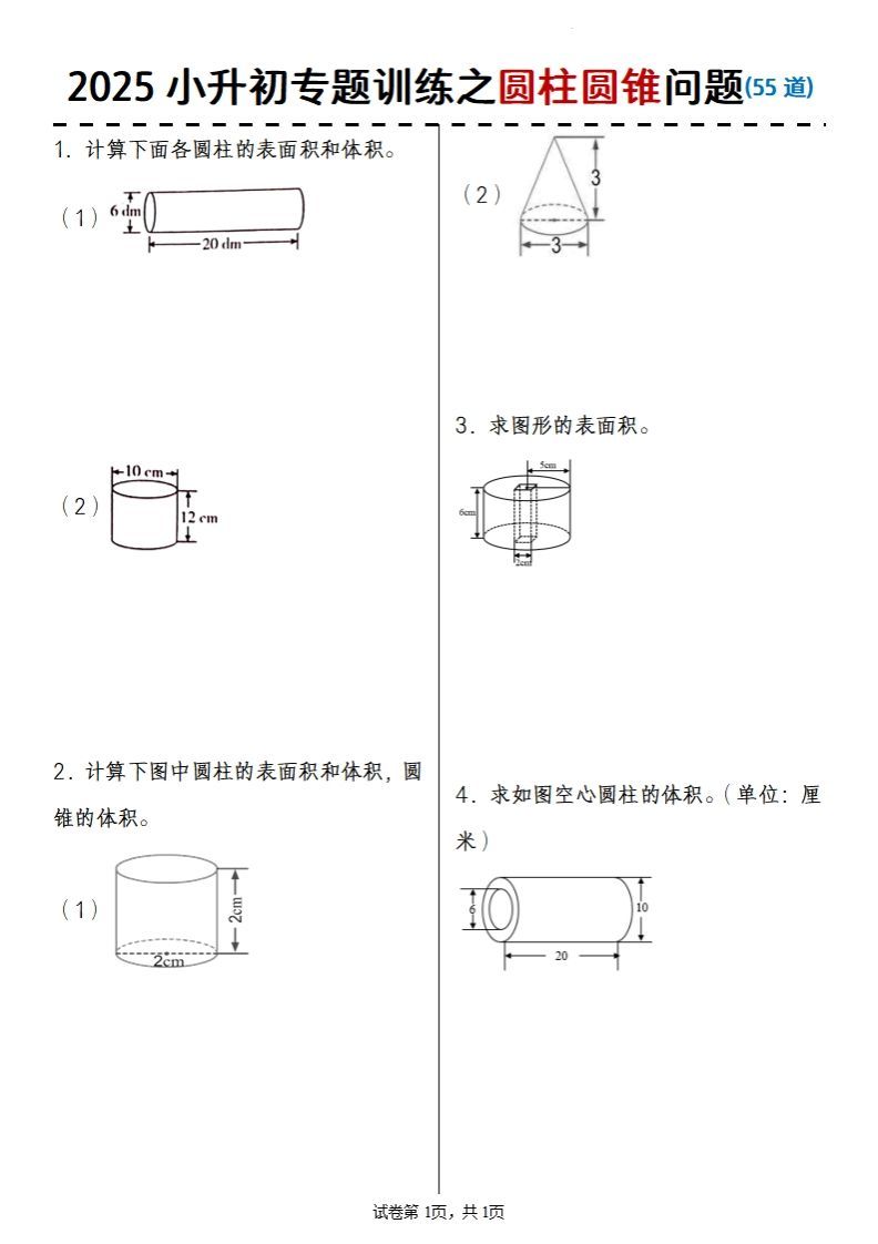 2025小升初数学专题训练之圆柱圆锥问题(55道)