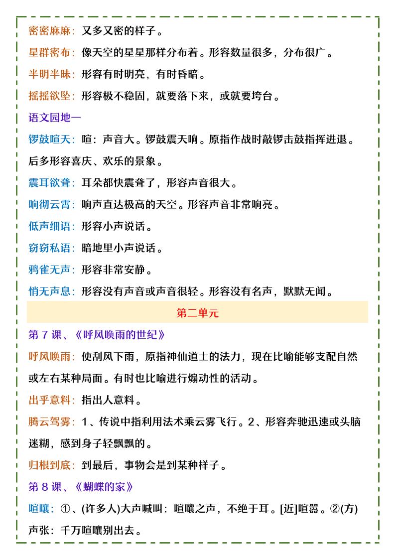 【2025秋新版】四年级上册语文1-8单元课内词语及解释