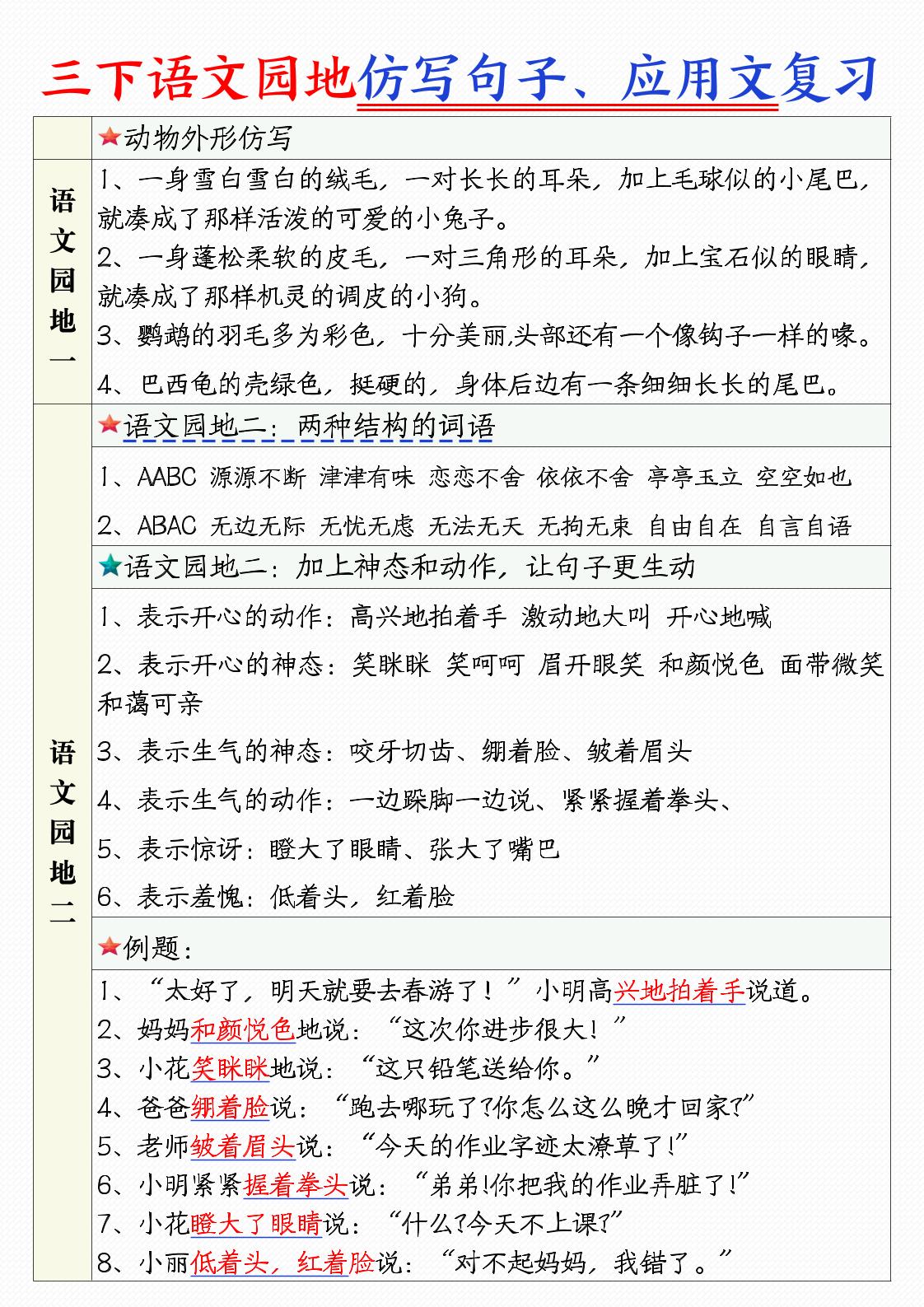 三下语文1-8单元语文园地句子仿写+应用文专练(9页)
