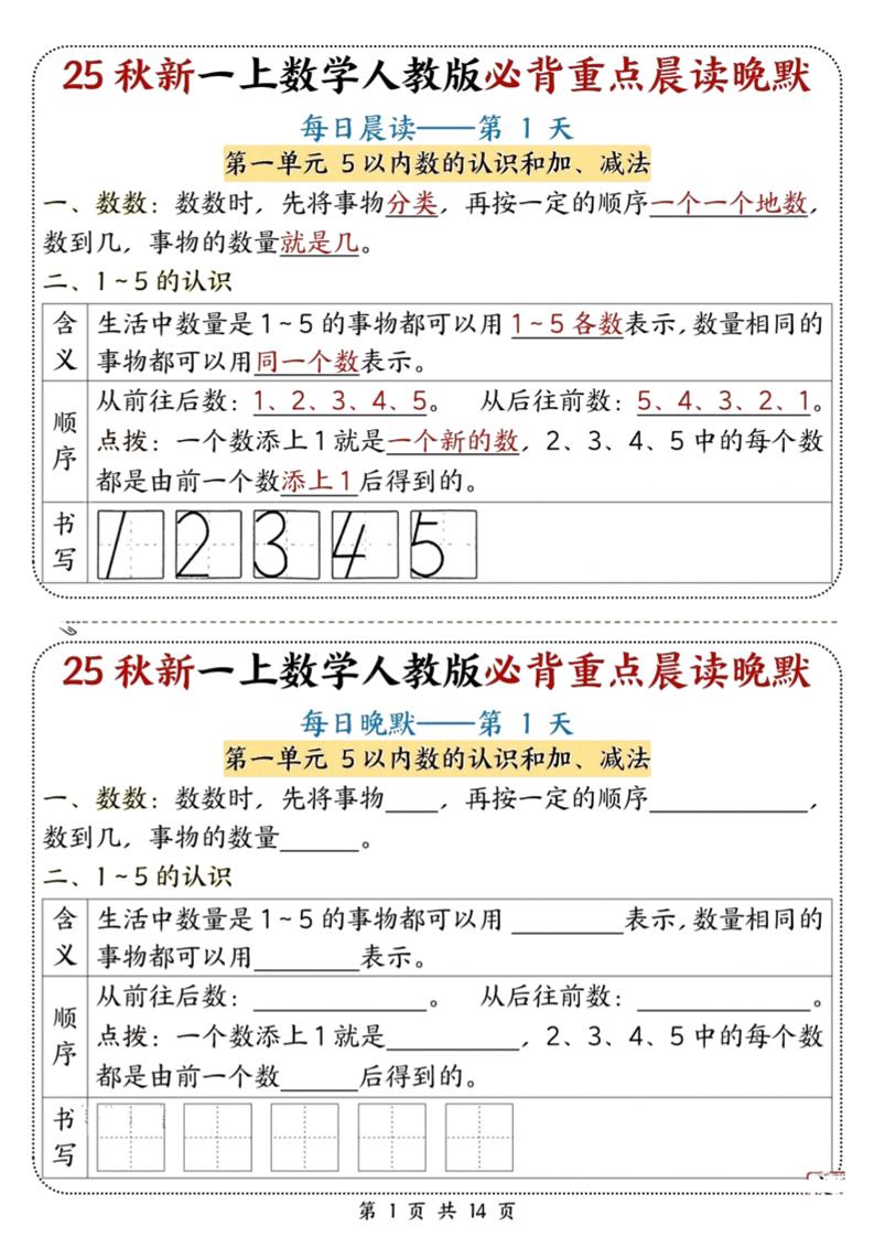 25秋新一上数学必背重点晨读晚默(人教版14页)