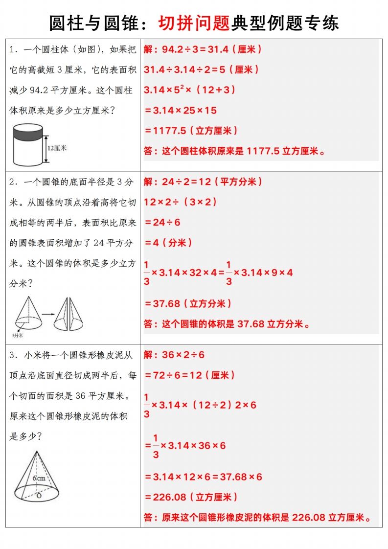 六下数学【圆柱与圆锥典型例题专练】