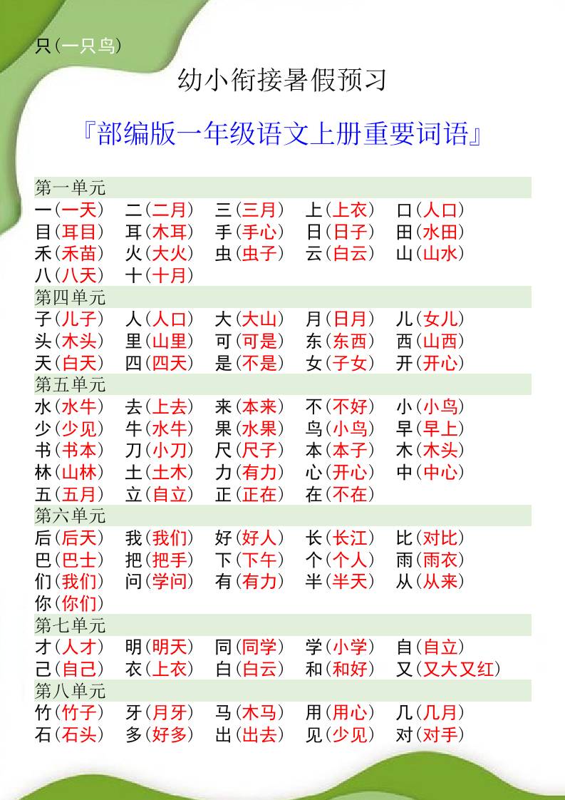 幼小衔接暑假预习部编版一年级语文上册重要词语