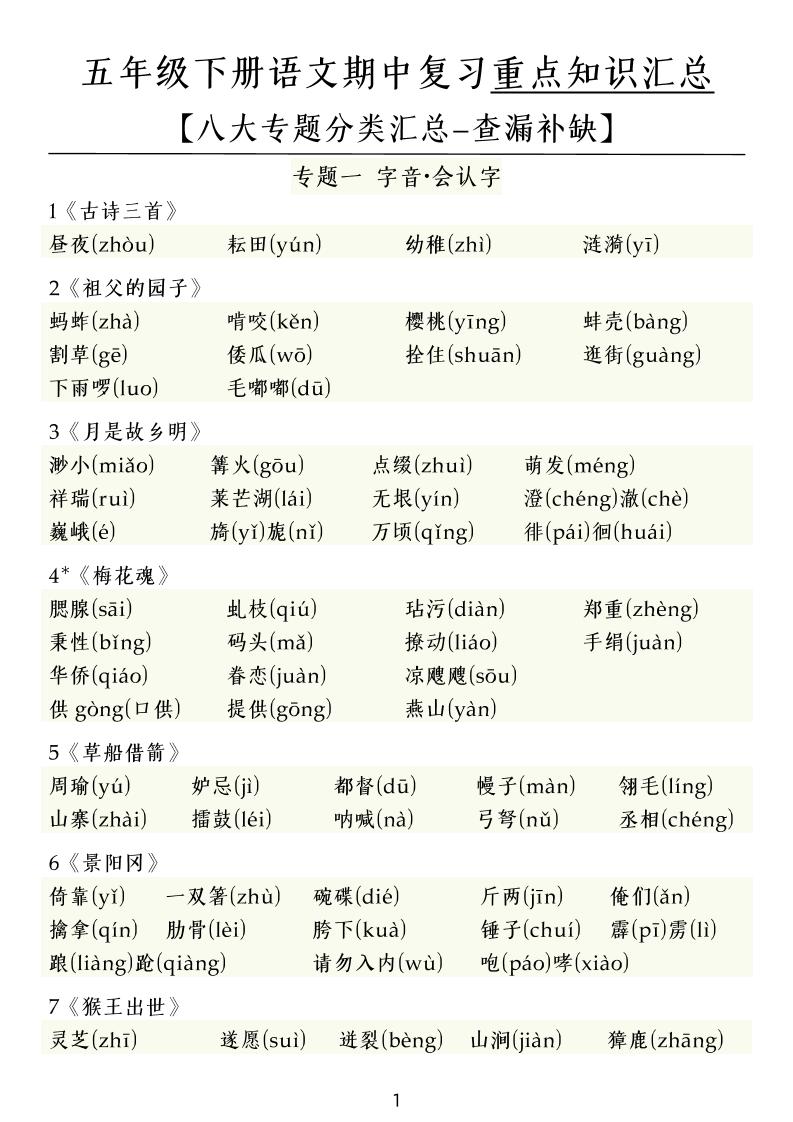 五下语文期中复习八大专题