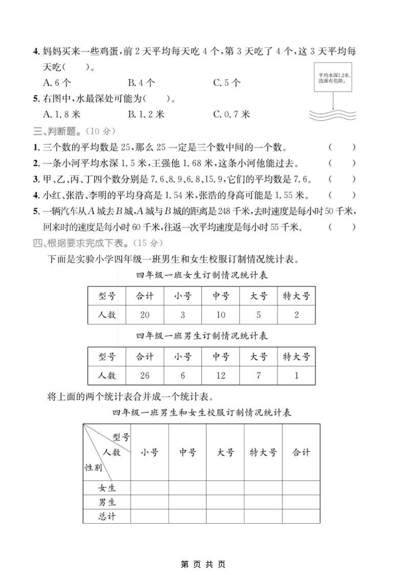 四年级上数学平均数专项检测卷《青岛54版》