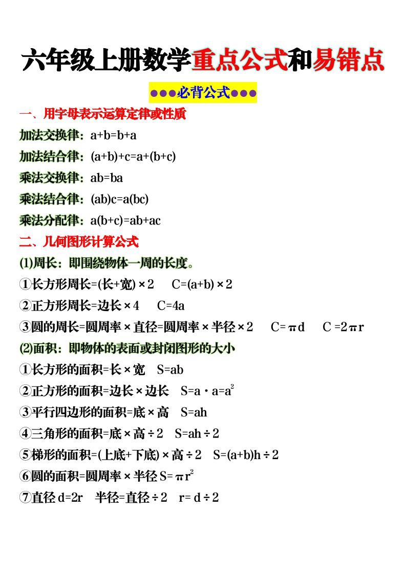 六上数学重点公式和易错点6页