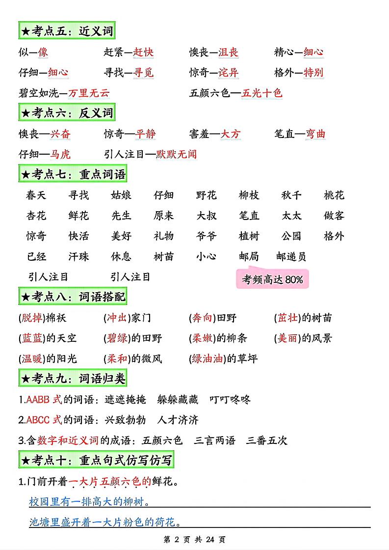 二年级下册语文1-8单元★高频考点总结_