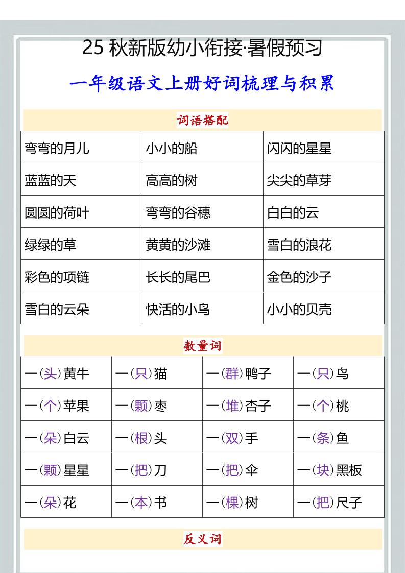 【2025秋新版】幼小衔接一年级语文上册好词梳理与积累