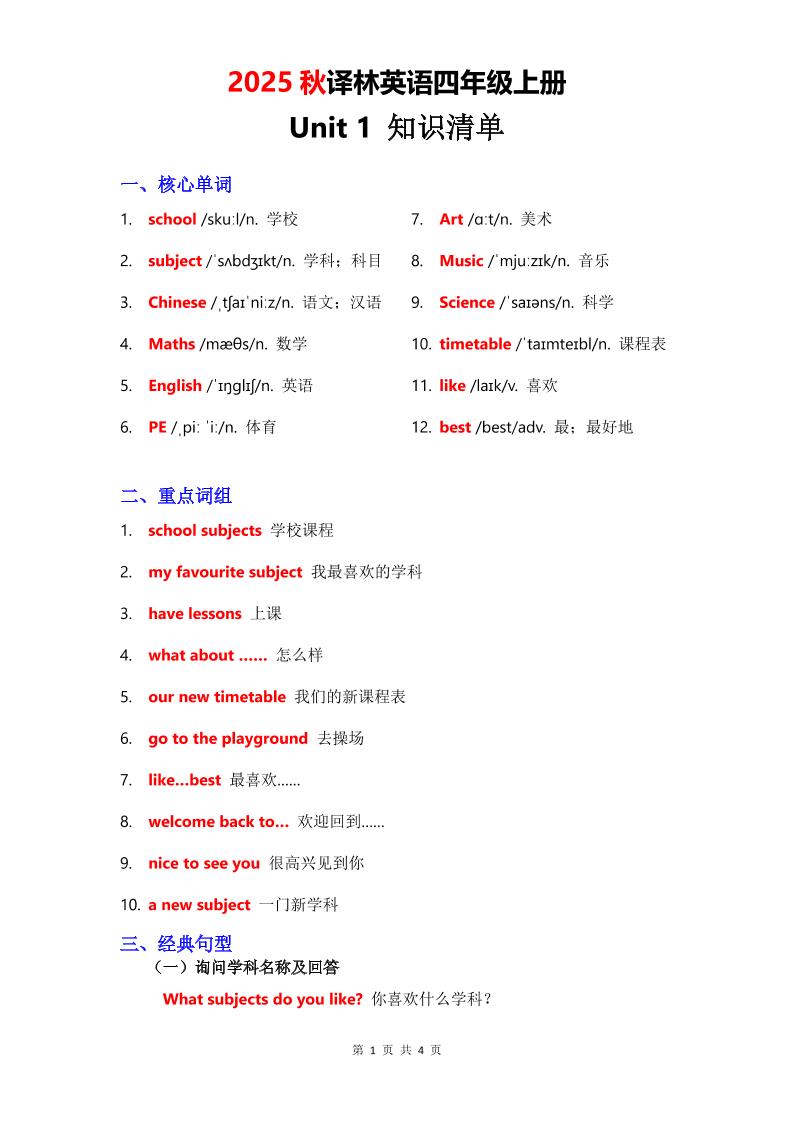 2025秋译林英语四上Unit1知识清单