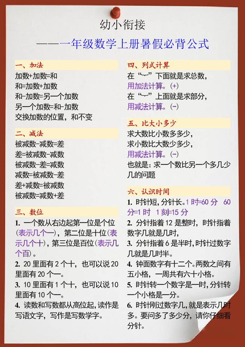 幼小衔接一年级数学上册暑假必背公式