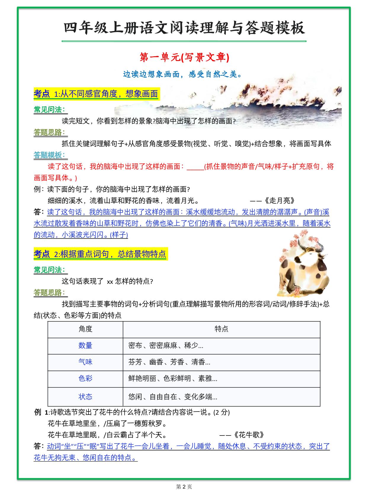 四上语文阅读理解与答题模板（含答案46页）