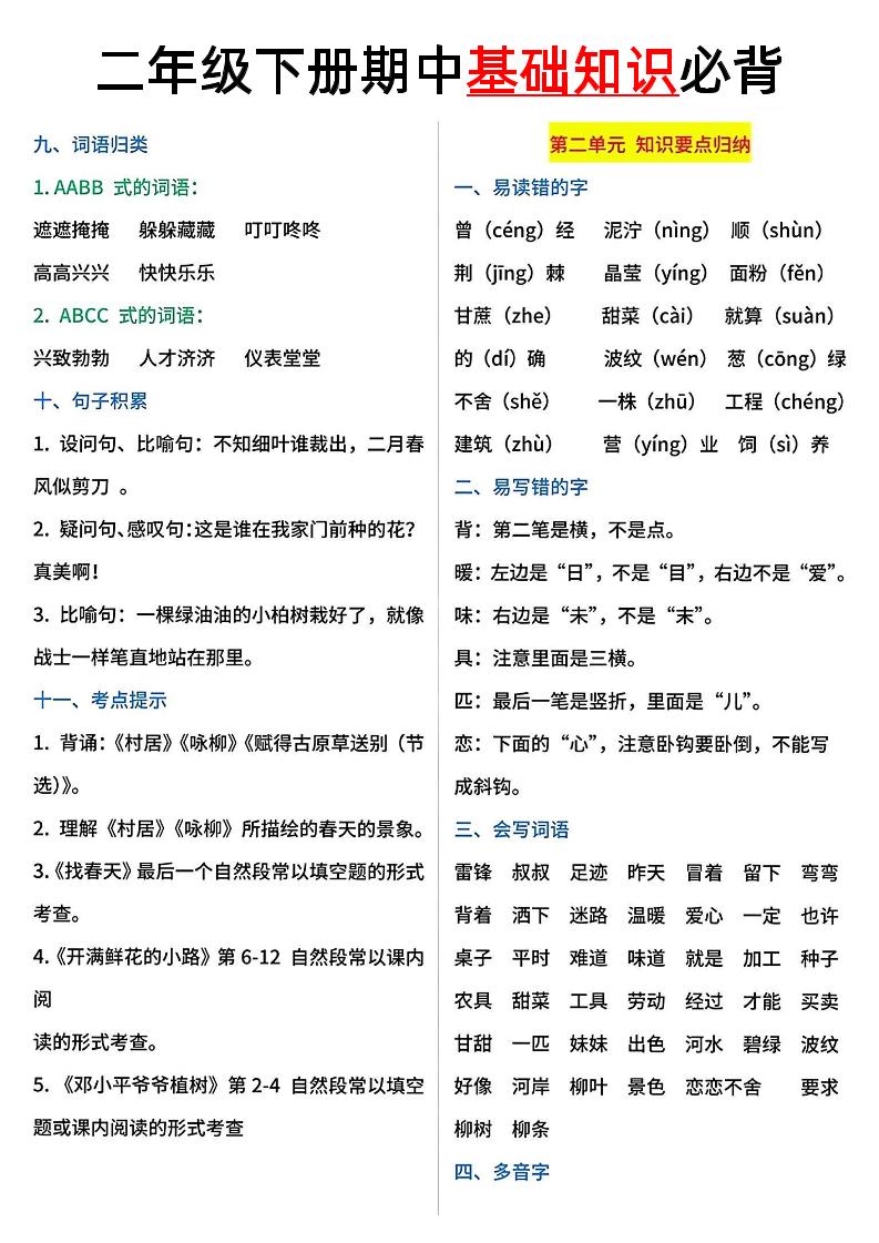 二年级语文下册期中基础知识必背5页