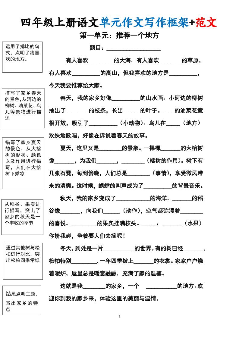 四上语文1-8单元作文写作框架+范文34页