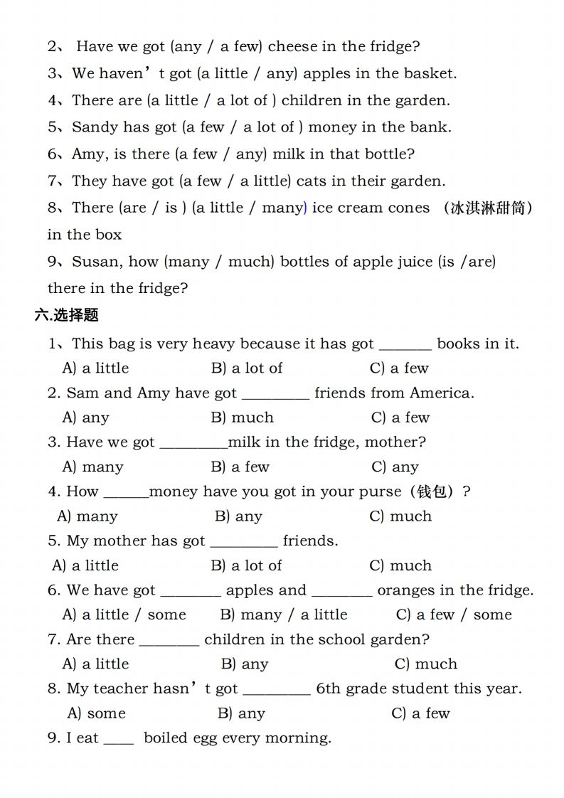 六年级下册人教PEP英语重点语法突破专项训（二）数量词填空