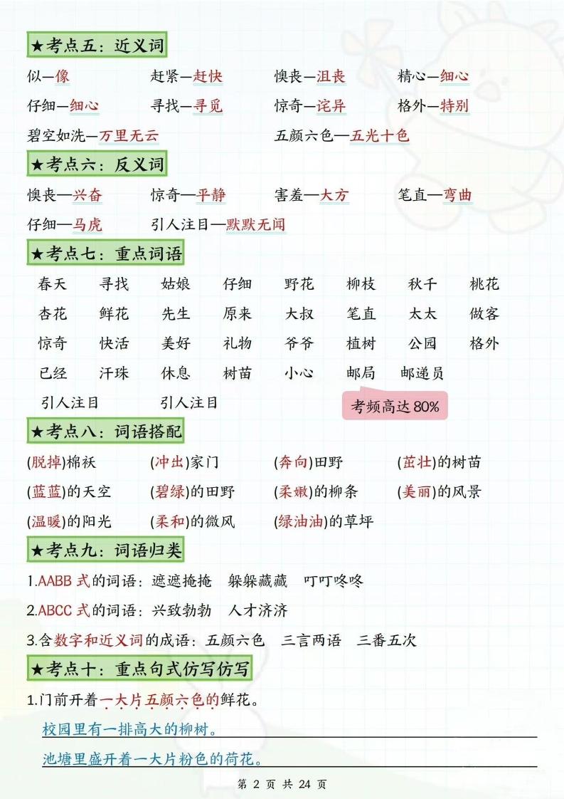 二下语文1-8单元高频考点总结（24页）