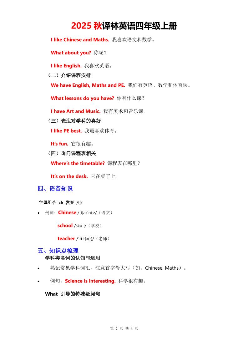 2025秋译林英语四上Unit1知识清单