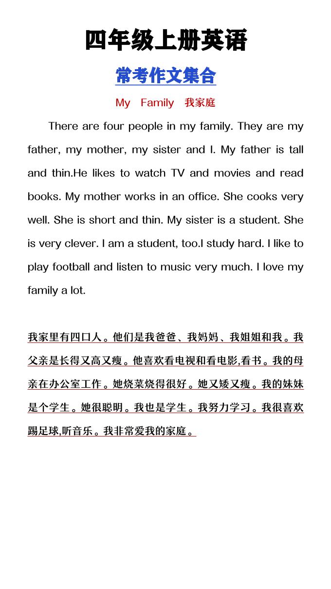 【2025秋新版】四年级上册英语常考作文合集