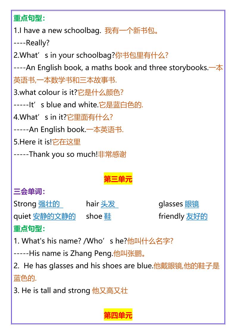 【2025秋新版】四年级上册英语Unit1-8重点知识