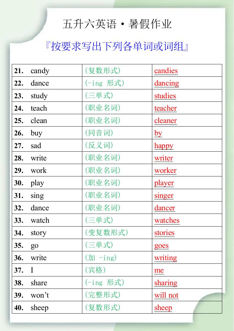 五升六英语暑假作业之按要求写出下列各单词或词组-六上英语