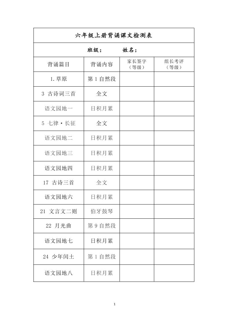 六年级上册背诵课文检测表及内容-语文