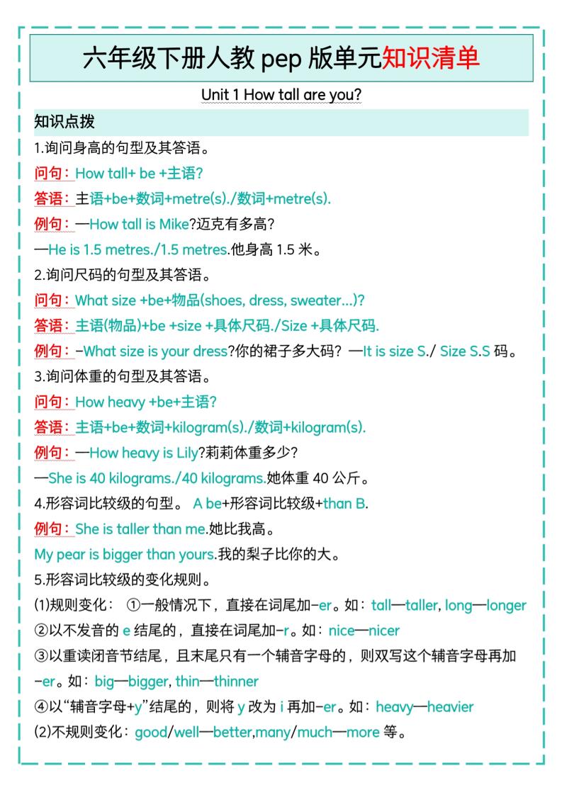 六下英语人教pep版单元知识清单