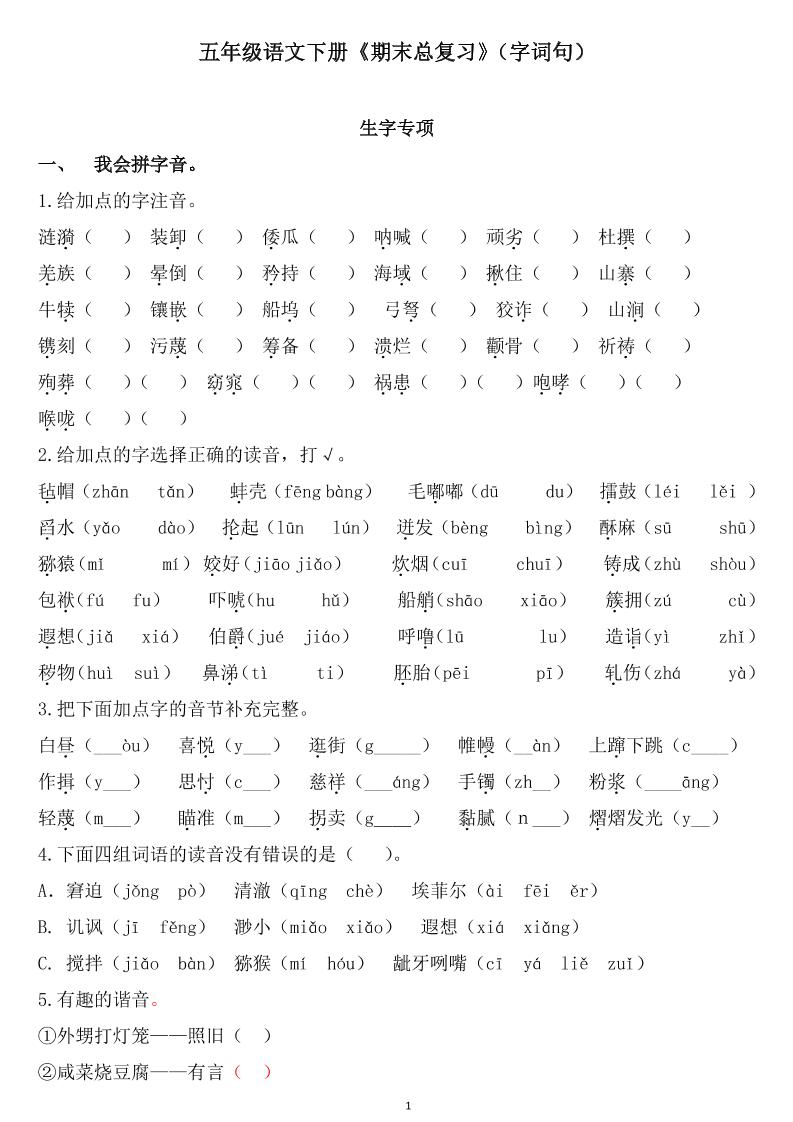 五下语文《期末总复习》